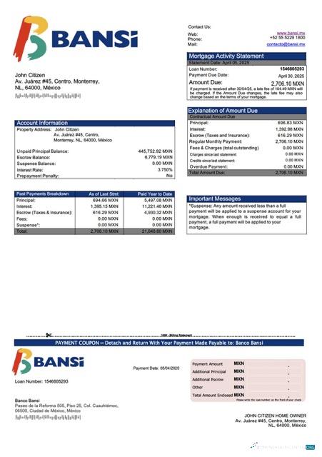 Download Mexico Banco Bansi mortgage statement Word and PDF template Photoshop template